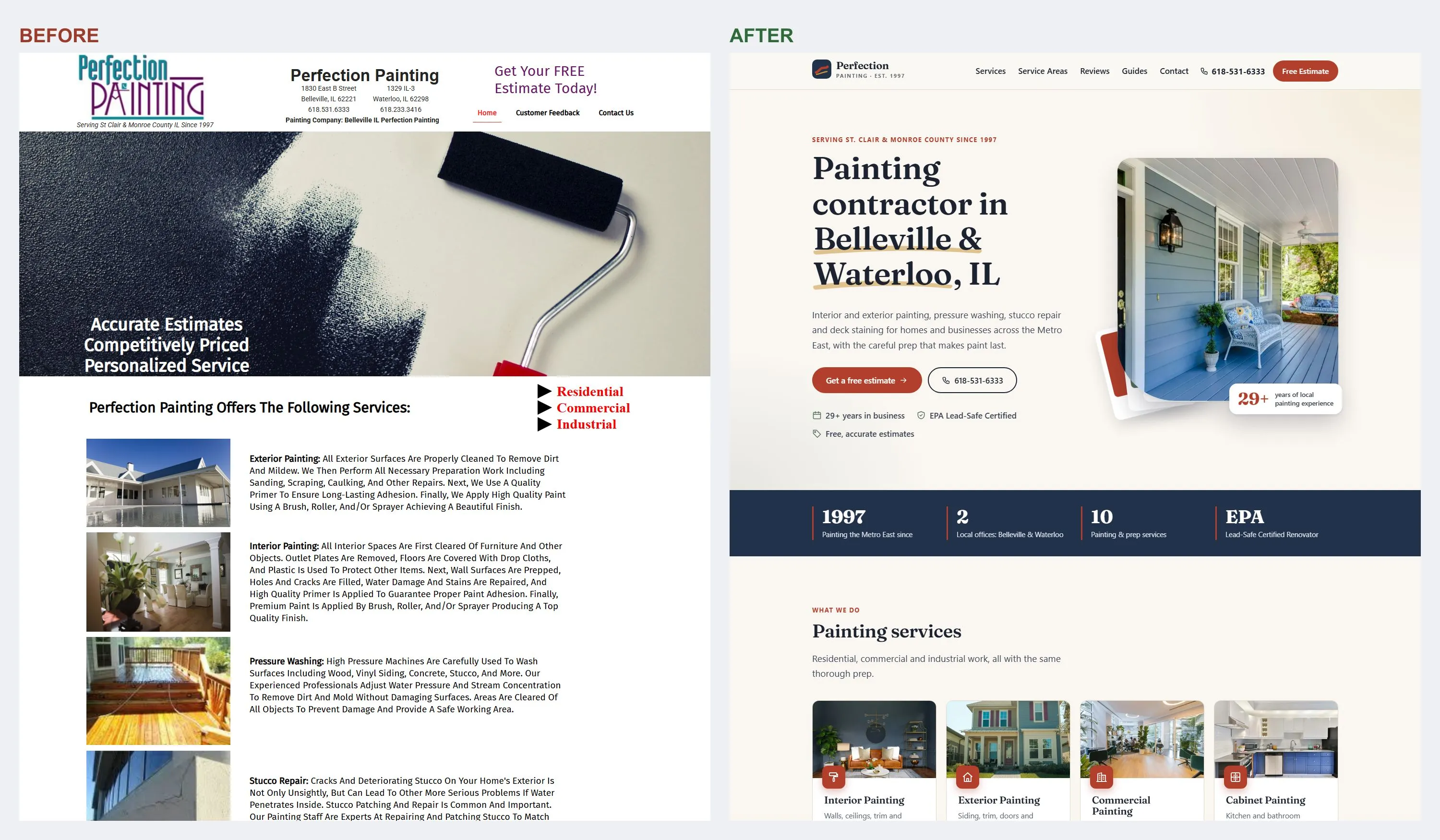 Side by side on a computer. Before: the old home page with a small logo, a large paint roller photo, and long blocks of text. After: the new home page with a clear menu, a heading that names the towns served, and buttons for an estimate and a phone call.